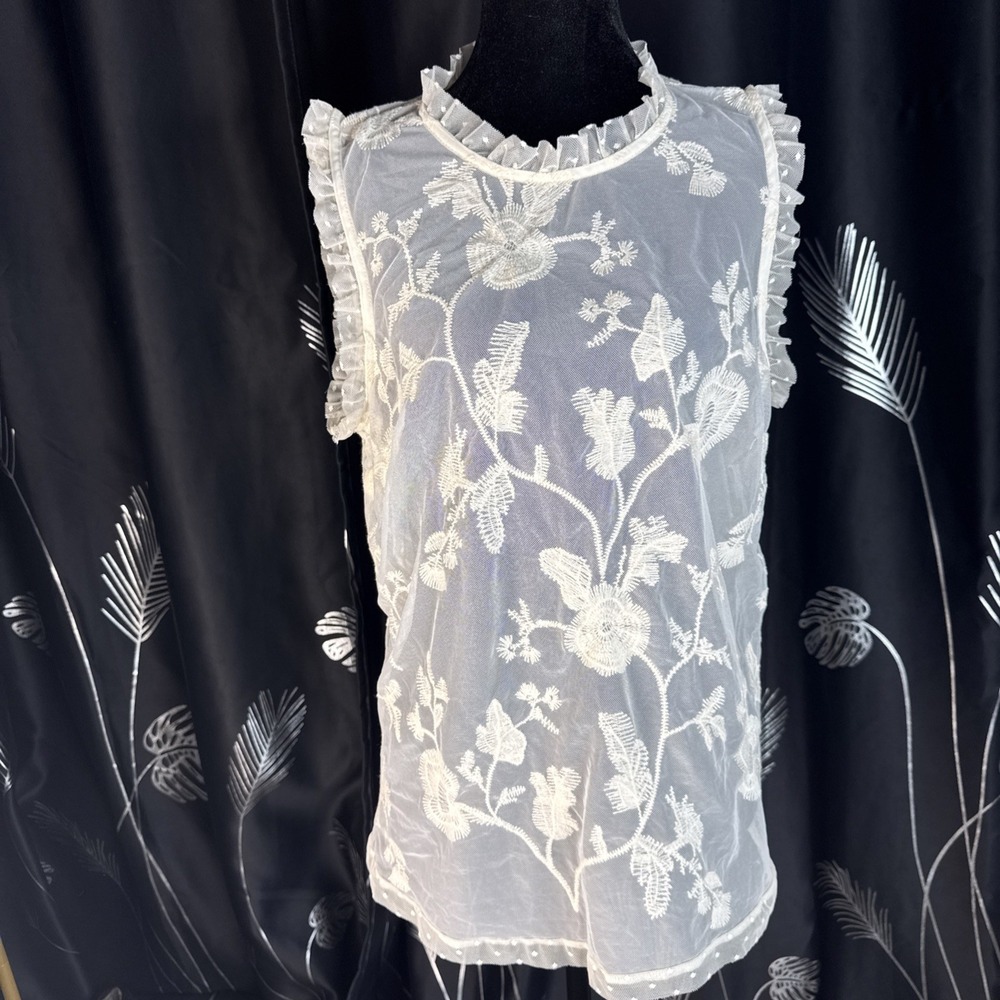 Who What Wear Top Ivory Large Sleeveless Mock Neck Floral Sheer Fairy Ethereal - Picture 2 of 9